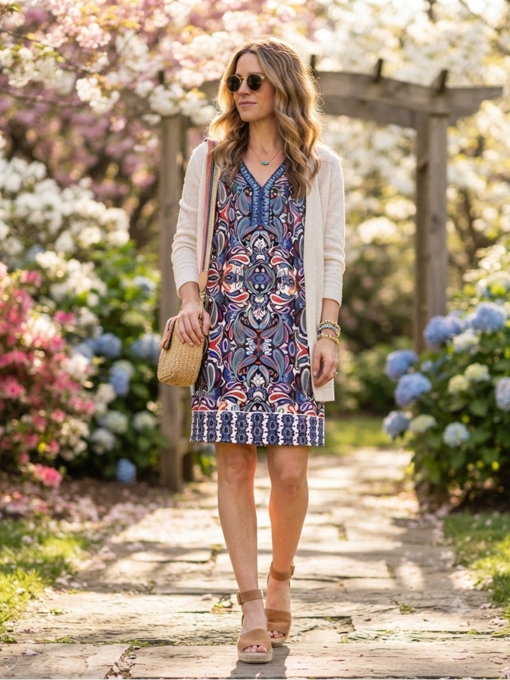 Maggy London Multicolor V-Neck Midi Dress in Blue, Pink, Orange, Black & White